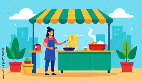 Cheerful female vendor in a blue apron cooking fresh noodles at a colorful street food stall.