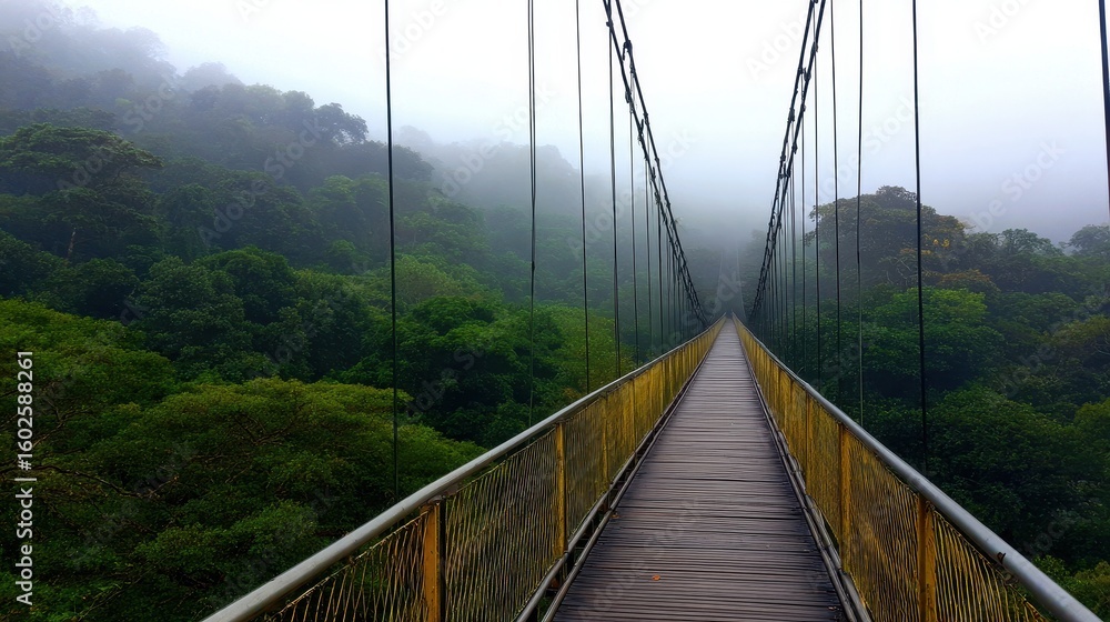 Obraz premium Foggy suspension bridge surrounded by lush greenery, evoking a sense of adventure and tranquility