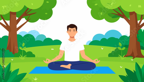 A calm young man with closed eyes meditating in the lotus pose on a blue yoga mat.