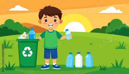 Smiling cartoon boy in a green shirt and blue shorts recycling plastic bottles into a green bin.