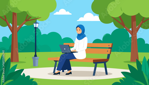 Smiling Muslim woman in a blue hijab and white tunic working on a laptop while sitting on a park bench.
