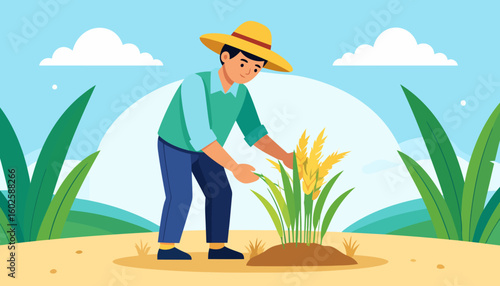 Cartoon farmer in a yellow straw hat and green shirt tending to a clump of golden wheat.