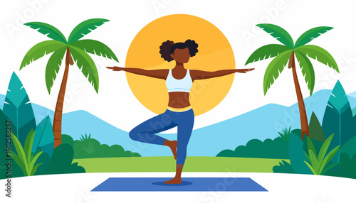Serene Black woman with curly hair puffs practicing the Tree Pose yoga asana.