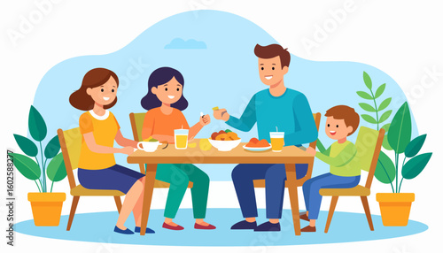 A cheerful cartoon family of four, with parents and two children, happily eating a meal together at a wooden dining table.