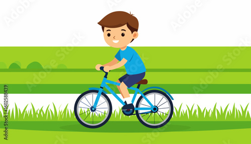 Cheerful cartoon boy with brown hair riding a light blue bicycle.