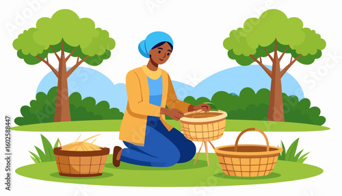 A Black woman in a blue headscarf kneeling while weaving a traditional wicker basket.