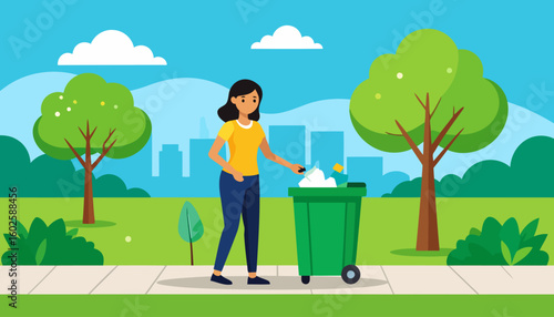 A woman with black hair in a yellow shirt throws trash into a full green wheeled recycling bin.
