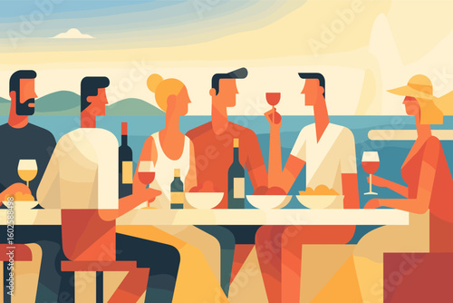 Stylized group of friends enjoying wine and food at a seaside restaurant during sunset. Modern flat illustration perfect for summer, vacation, and lifestyle themes.

