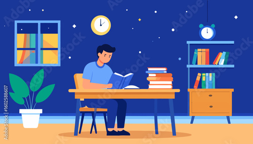 Focused young man in a blue shirt reading a book at a wooden desk with a stack of books.