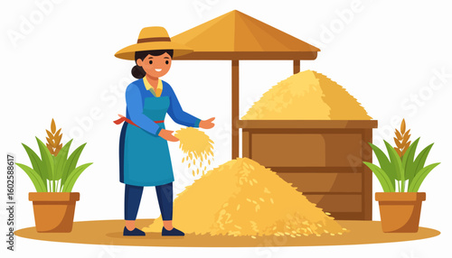 Cheerful female farmer in a blue apron and straw hat, happily sifting harvested grains.