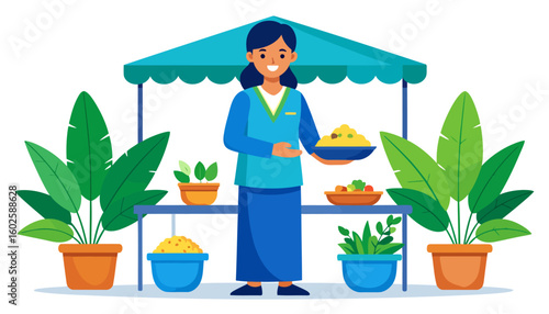 Cheerful female vendor in a blue uniform and skirt, holding a bowl of yellow food at her market stall.