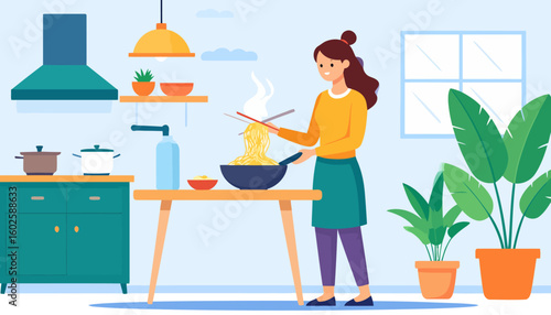 Cheerful woman with a hair bun cooking steaming noodles in a wok with chopsticks.