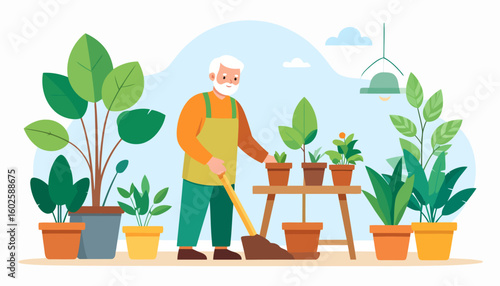 Cheerful senior man with a white beard and apron happily gardening with a shovel among potted plants.