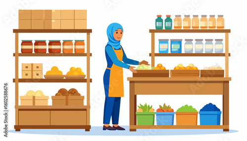 Smiling Muslim woman in a blue hijab and yellow apron arranging fresh produce in a store.