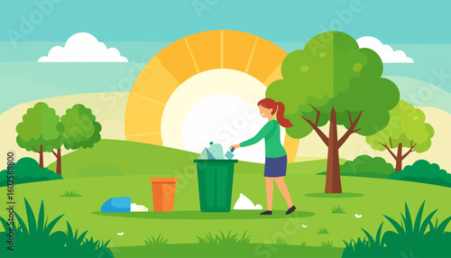 Eco-conscious woman with red ponytail sorting plastic waste into a green bin.