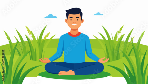 Smiling man with black hair in a blue shirt meditating outdoors in a lotus pose.