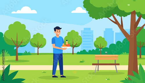 Happy cartoon man with black hair and a blue shirt holding a plate with picnic food and a bottle.