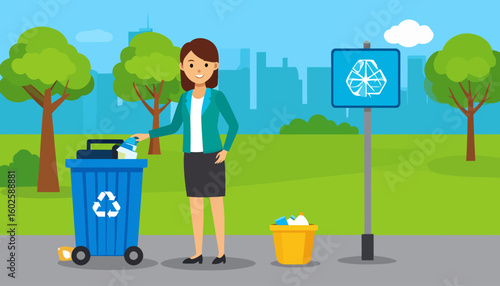 A smiling woman in a teal blazer and black skirt recycles trash in a park.