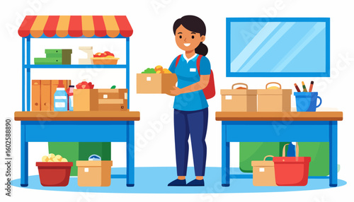 Cheerful female volunteer in a blue uniform holding a cardboard box filled with fresh produce.