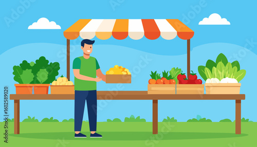 Smiling male vendor in a green shirt holding a crate at a farmers market stall with fresh vegetables and a striped awning.
