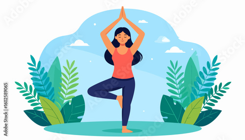 Serene woman with dark hair in Tree Pose (Vrikshasana) yoga asana, wearing sportswear.