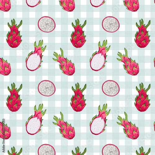 Pattern with tropical fruit pitahaya.Vector seamless pattern with tropical fruit pitahaya on a checkered background.