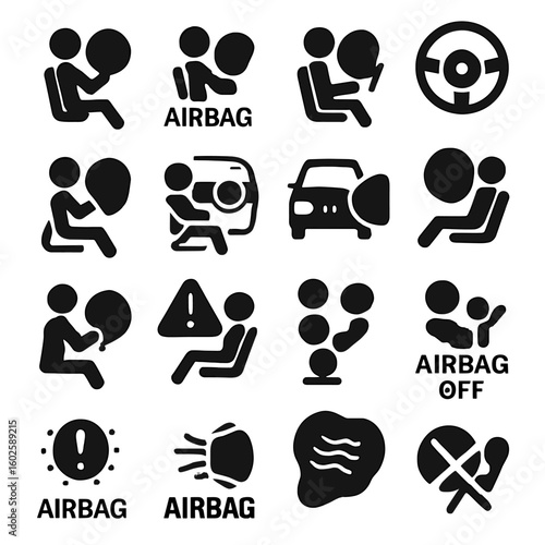 A black silhouette icon set depicting airbag deployment scenarios, system warnings and steering wheel functionality for enhanced road safety awareness.
