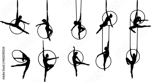 set of Aerial dancer silhouette vector illustration. Woman or girl performing on hoop.
