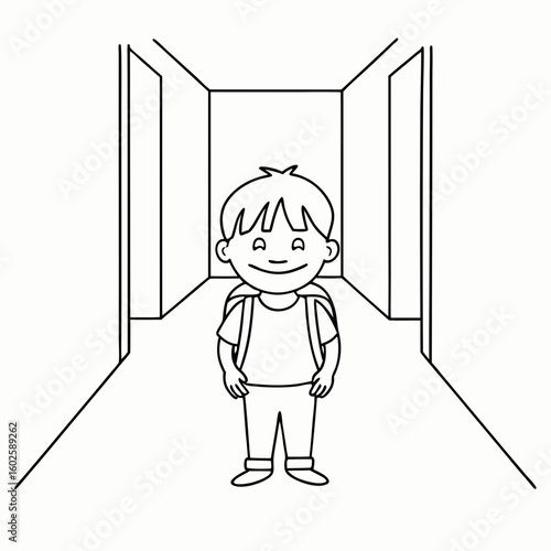 boy standing in hallway with backpack black line drawing for school material