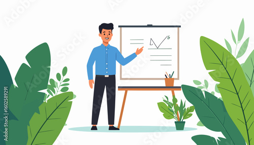 Smiling male presenter in a blue shirt pointing at a growth chart on a whiteboard easel.