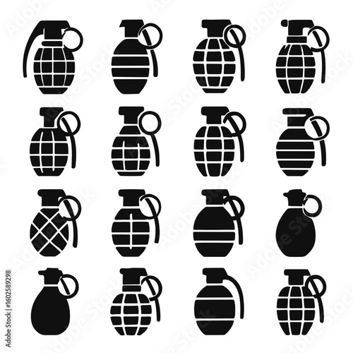 A collection of black grenade icons with safety pins ready for explosions, hand grenade designs, defensive and offensive weaponry