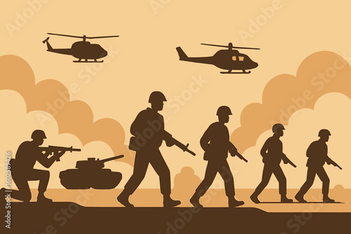 A military operation silhouette soldiers, helicopters and tank depicted in a graphic illustration, showcasing a powerful army.