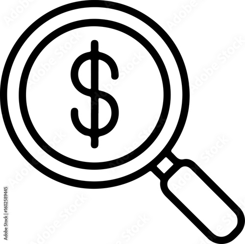 Magnifying glass focused on a dollar sign representing financial analysis and research