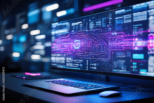 Wallpaper Mural Futuristic circuit board glowing purple and blue computer Torontodigital.ca