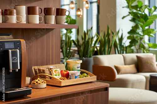 Coffee machine snacks and seating area fruit yogurt