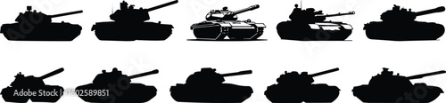 Military tank silhouette collection, army battle tanks vector set, armored vehicle clipart