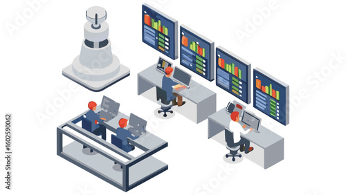 Isometric view of a control room with operators workstations and surveillance tower shown in the scene