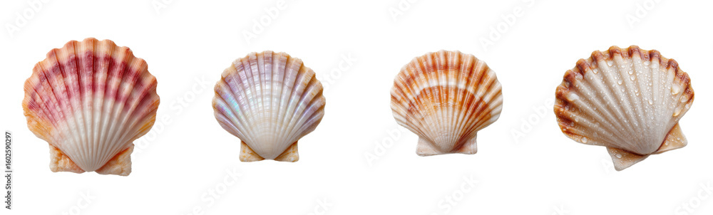 Obraz premium Four scallop shells in a row. Coastal, marine, nature, summer, collection, ocean, souvenir