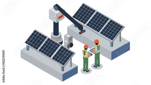 Isometric view of solar panel installation with two workers and a crane assembling panels on platforms