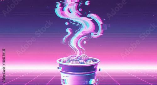Ramen bowl with vapor and grid background digital art
