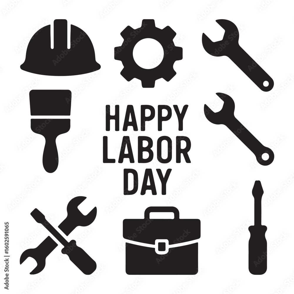 Fototapeta premium Hard hat gear wrench paint brush screwdriver briefcase labor day happy labor day