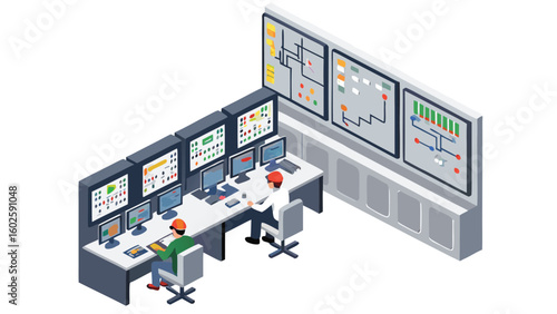 Isometric control room with multiple screens and two operators monitoring the system data