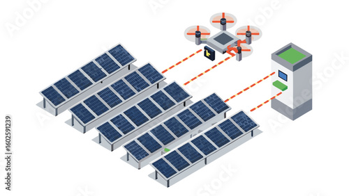 Isometric view of solar panels being inspected by a drone with a control terminal nearby