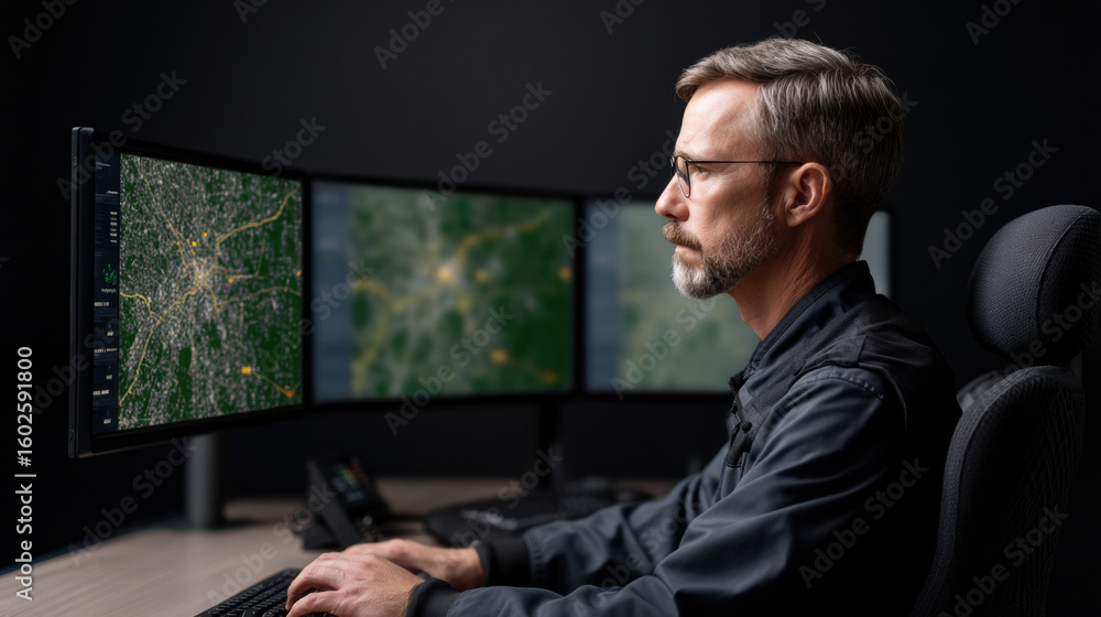 man in glasses analyzes detailed satellite or map data on three large curved monitors in a dimly lit room. man in glasses analyzes detailed satellite or map data on three large curved monitors in a dimly lit room.