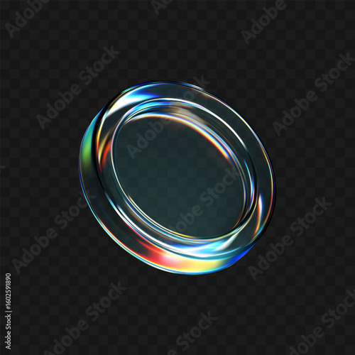 3D transparent glass coin icon with holographic effect, isolated on dark background. Render of iridescent flying glassy coin, game token, casino chip, digital currency or reward medal. 3D vector