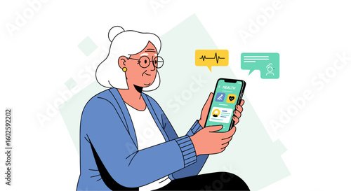 Elderly woman using smartphone with health app, modern digital technology, vector illustration