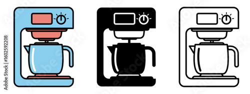 Three styles of a modern coffee maker: blue, black, and outline, showcasing sleek design and functionality.