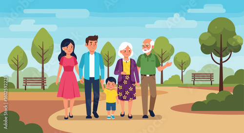 Family walking in the park, enjoying a sunny day outdoors, vector illustration