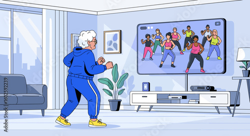 Senior woman exercising at home watching fitness class on TV, living room interior