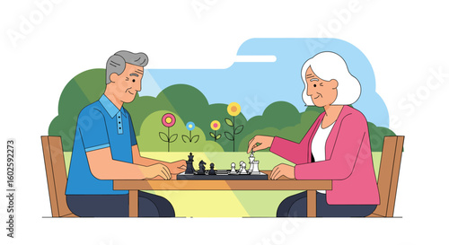 Elderly Couple Playing Chess Outdoors in Park: Leisure Activity, Strategic Game, Summer Day